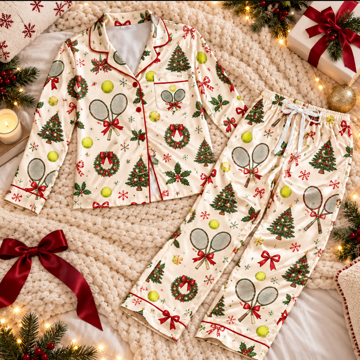 Tennis Christmas Satin Pajama Set, HG AI Christmas PJs Sets, Christmas Pajamas, Holiday Pajama Set, Family Long Sleeve
