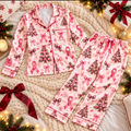 Breast Cancer Christmas Satin Pajama Set, HG AI Christmas PJs Sets, Christmas Pajamas, Holiday Pajama Set, Family Long