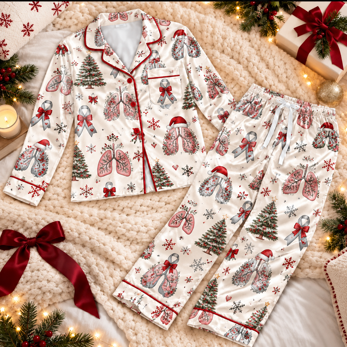 Lung Cancer Christmas Satin Pajama Set, HG AI Christmas PJs Sets, Christmas Pajamas, Holiday Pajama Set, Family Long