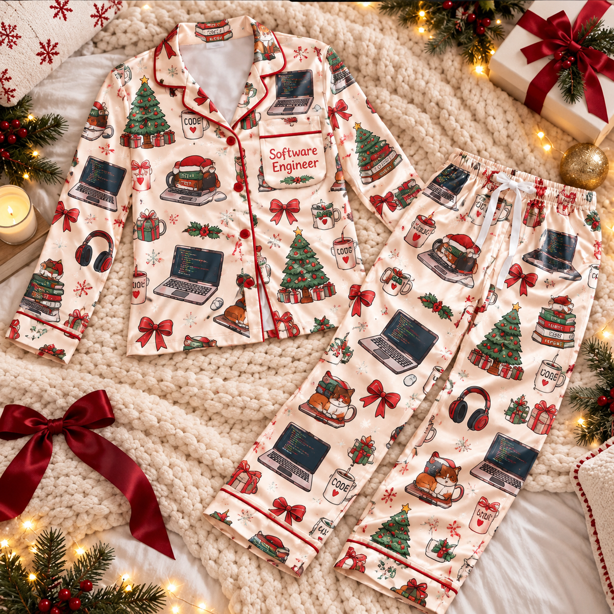 Software Engineer Christmas Satin Pajama Set, HG AI Christmas PJs Sets, Christmas Pajamas, Holiday Pajama Set, Family