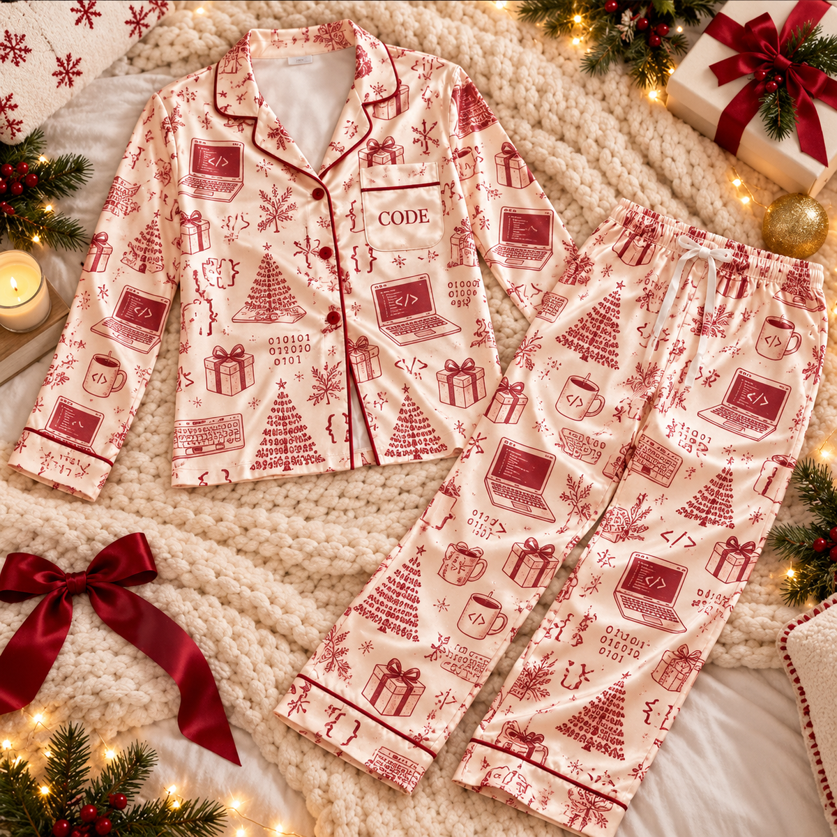Programmer Christmas Satin Pajama Set, HG AI Christmas PJs Sets, Christmas Pajamas, Holiday Pajama Set, Family Long