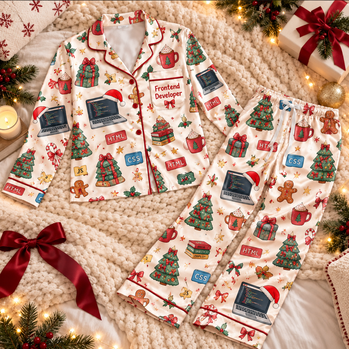 Frontend Developer Christmas Satin Pajama Set, HG AI Christmas PJs Sets, Christmas Pajamas, Holiday Pajama Set, Family