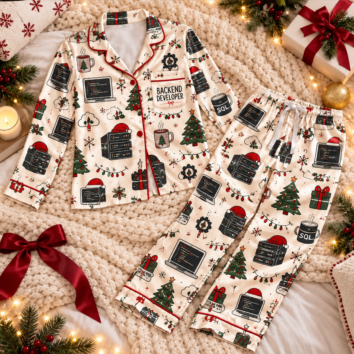 Backend Developer Christmas Satin Pajama Set, HG AI Christmas PJs Sets, Christmas Pajamas, Holiday Pajama Set, Family