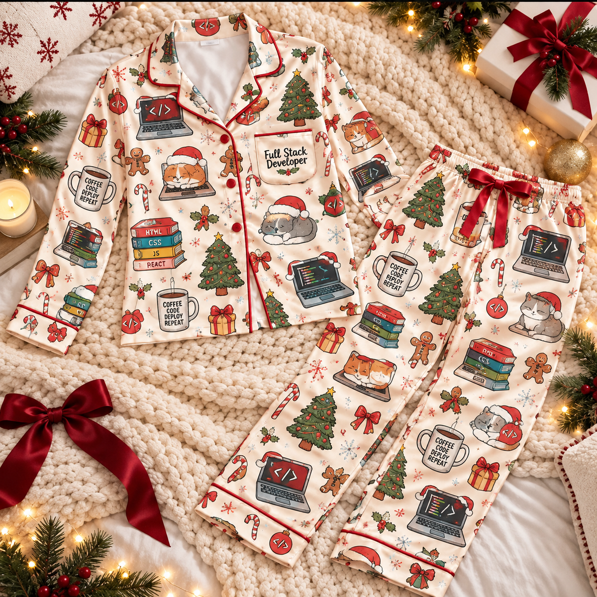 Full Stack Developer Christmas Satin Pajama Set, HG AI Christmas PJs Sets, Christmas Pajamas, Holiday Pajama Set, Family