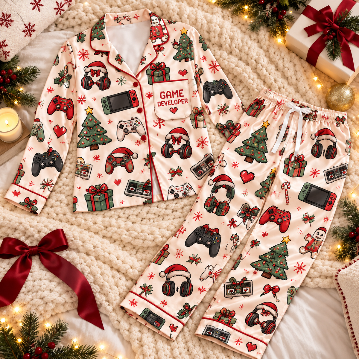 Game Developer Christmas Satin Pajama Set, HG AI Christmas PJs Sets, Christmas Pajamas, Holiday Pajama Set, Family Long