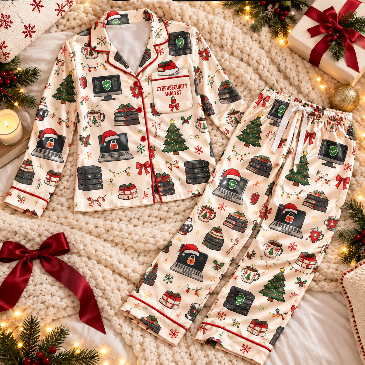 Cybersecurity Analyst Christmas Satin Pajama Set, HG AI Christmas PJs Sets, Christmas Pajamas, Holiday Pajama Set