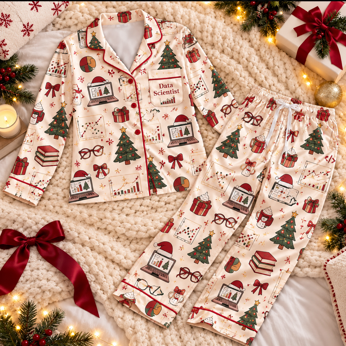 Data Scientist Christmas Satin Pajama Set, HG AI Christmas PJs Sets, Christmas Pajamas, Holiday Pajama Set, Family Long