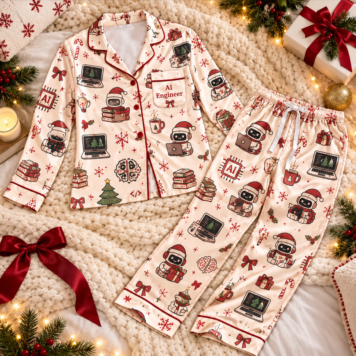 AI Engineer Christmas Satin Pajama Set, HG AI Christmas PJs Sets, Christmas Pajamas, Holiday Pajama Set, Family Long