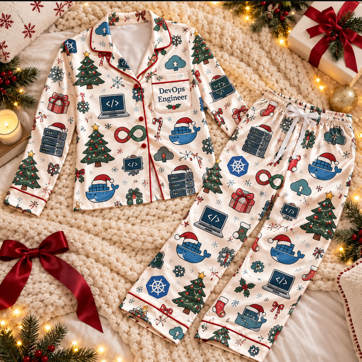 DevOps Engineer Christmas Satin Pajama Set, HG AI Christmas PJs Sets, Christmas Pajamas, Holiday Pajama Set, Family Long