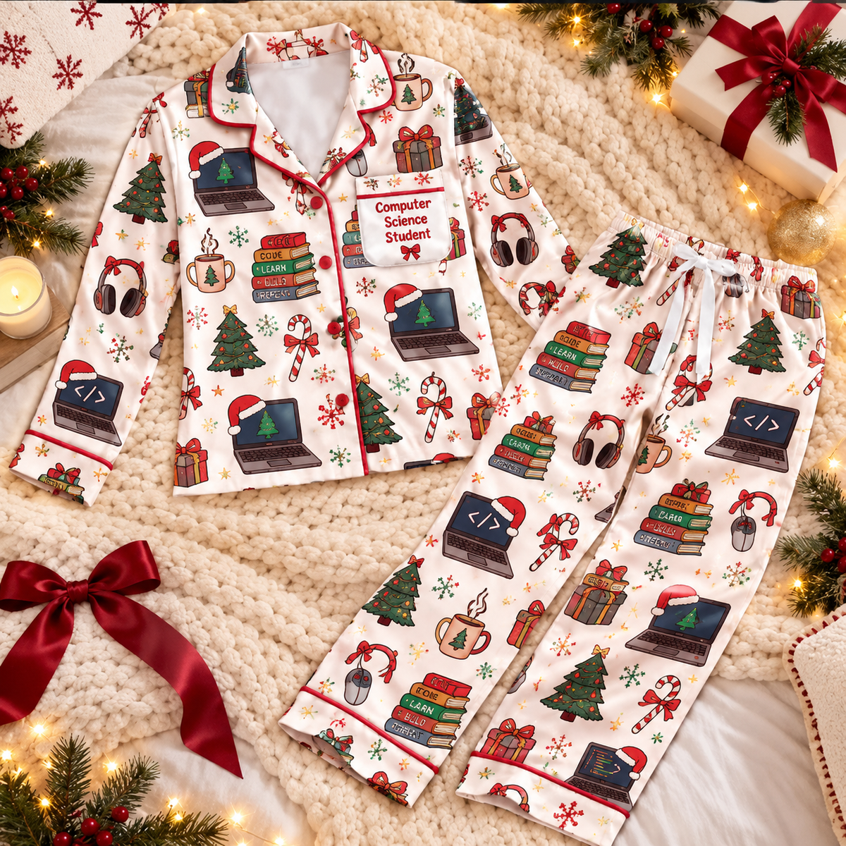 Computer Science Student Christmas Satin Pajama Set, HG AI Christmas PJs Sets, Christmas Pajamas, Holiday Pajama Set