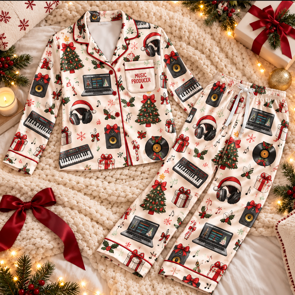 Music Producer Christmas Satin Pajama Set, HG AI Christmas PJs Sets, Christmas Pajamas, Holiday Pajama Set, Family Long