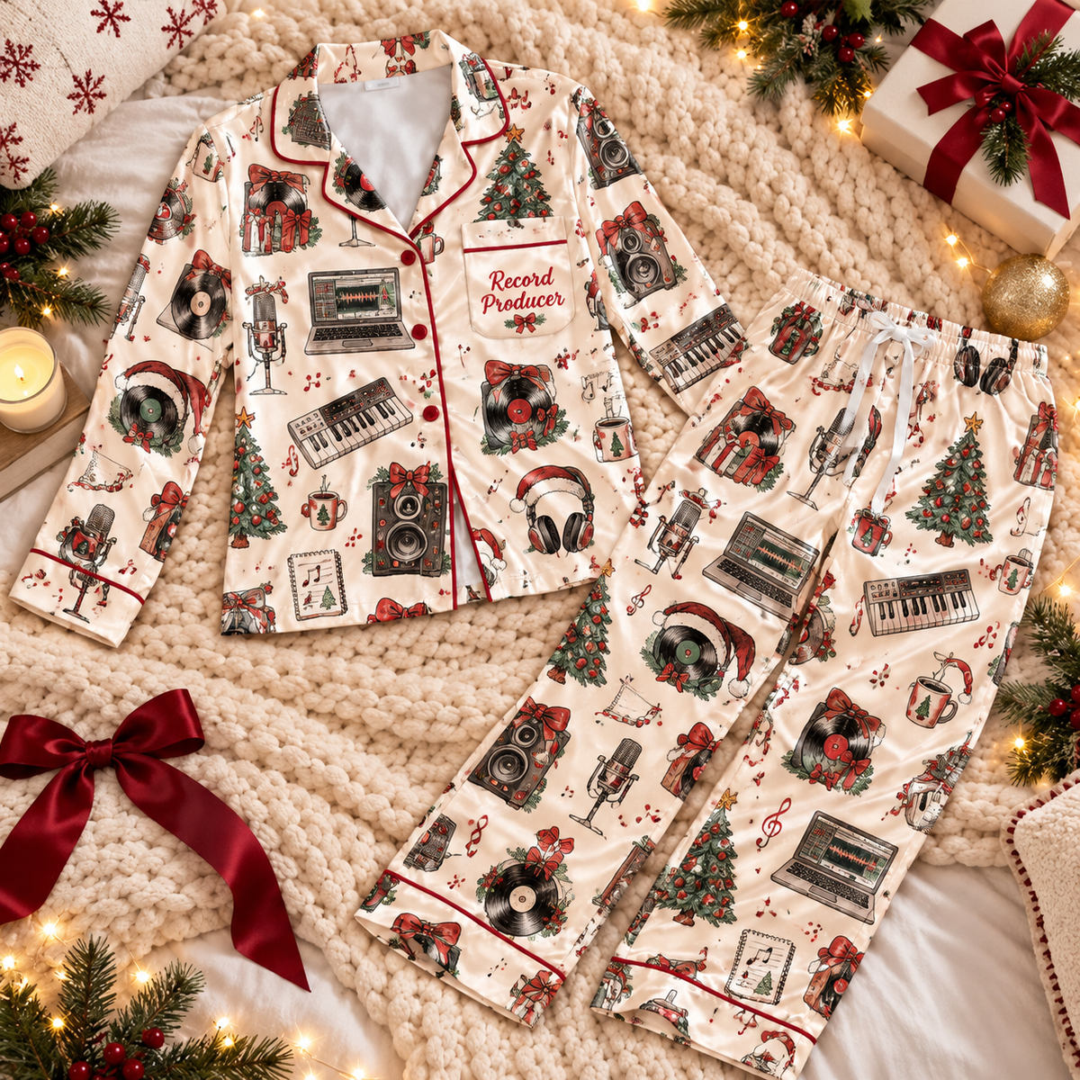 Record Producer Christmas Satin Pajama Set, HG AI Christmas PJs Sets, Christmas Pajamas, Holiday Pajama Set, Family Long