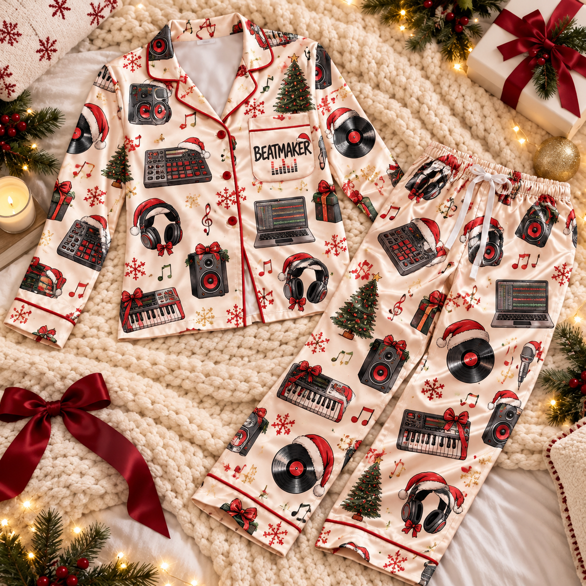 Beatmaker Christmas Satin Pajama Set, HG AI Christmas PJs Sets, Christmas Pajamas, Holiday Pajama Set, Family Long