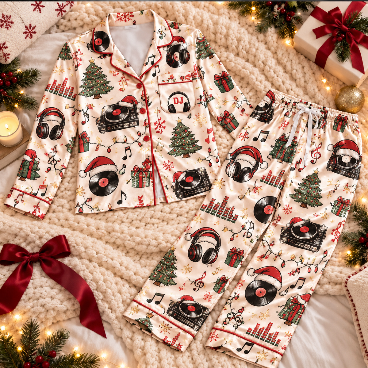 DJ Christmas Satin Pajama Set, HG AI Christmas PJs Sets, Christmas Pajamas, Holiday Pajama Set, Family Long Sleeve