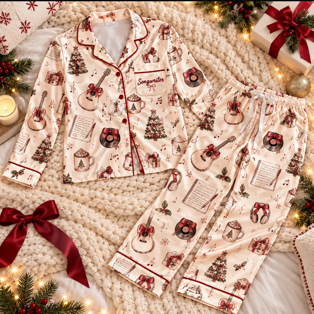 Songwriter Christmas Satin Pajama Set, HG AI Christmas PJs Sets, Christmas Pajamas, Holiday Pajama Set, Family Long