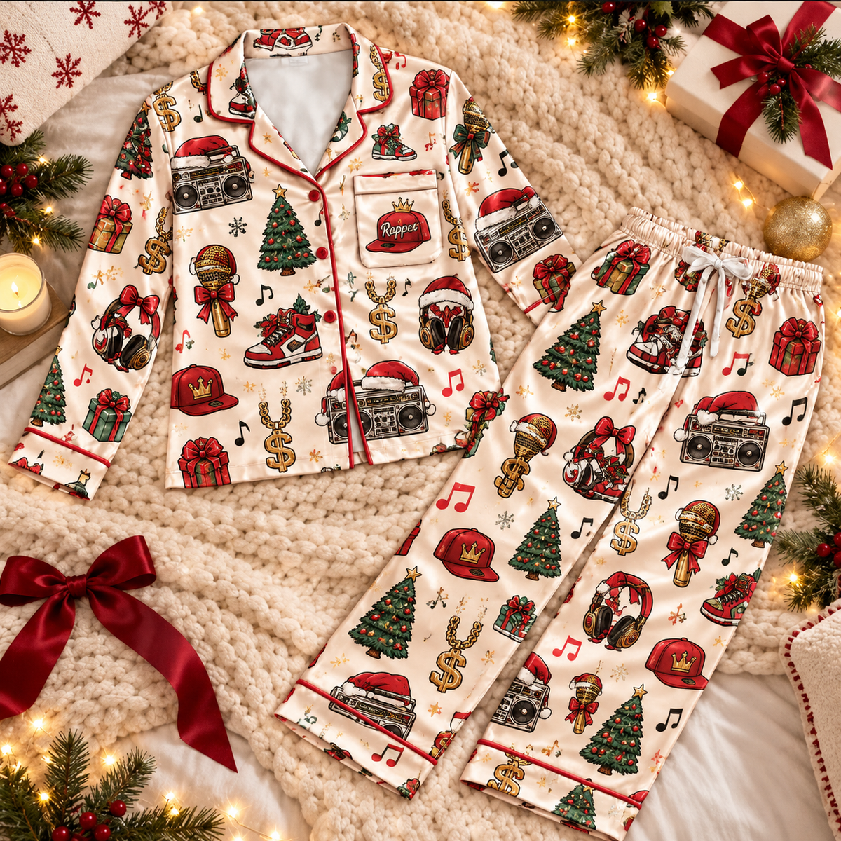 Rapper Christmas Satin Pajama Set, HG AI Christmas PJs Sets, Christmas Pajamas, Holiday Pajama Set, Family Long Sleeve