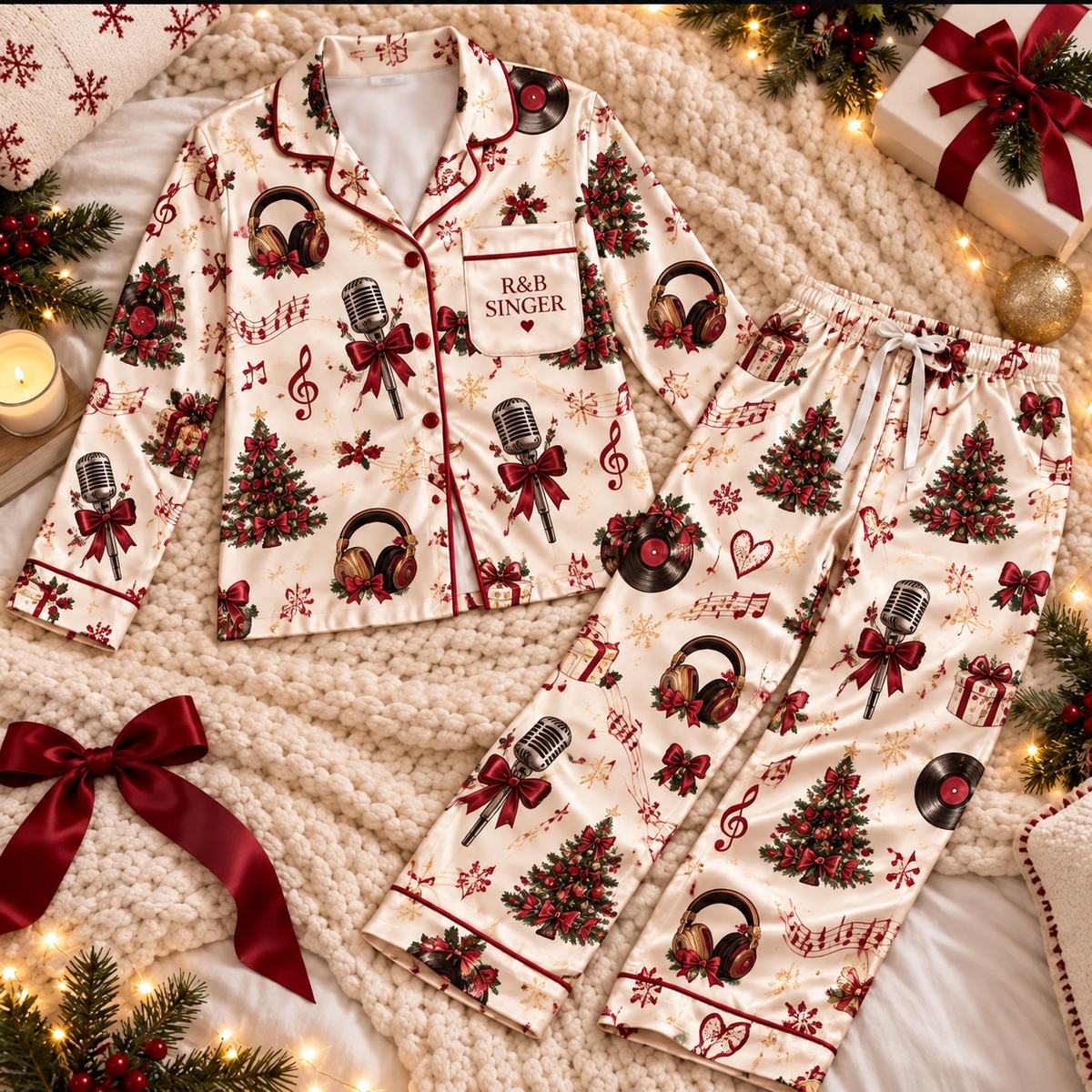 R&B Singer Christmas Satin Pajama Set, HG AI Christmas PJs Sets, Christmas Pajamas, Holiday Pajama Set, Family Long