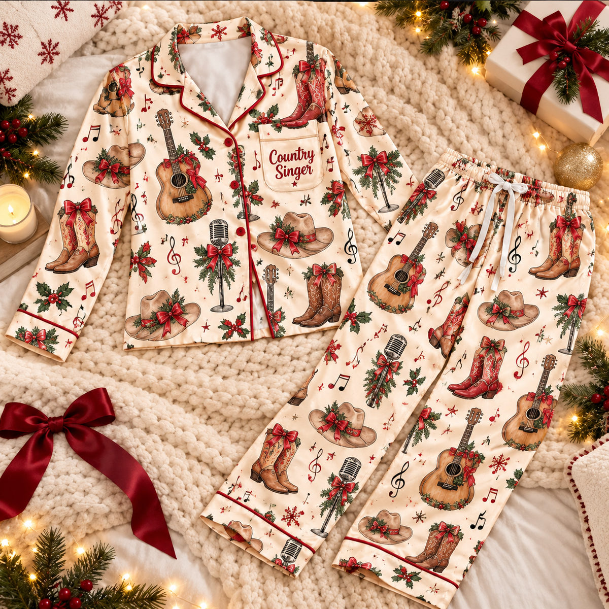 Country Singer Christmas Satin Pajama Set, HG AI Christmas PJs Sets, Christmas Pajamas, Holiday Pajama Set, Family Long
