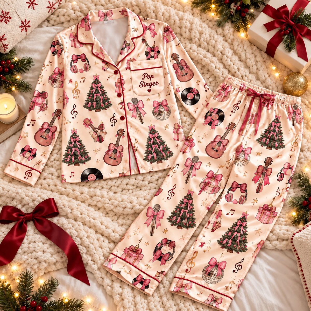 Pop Singer Christmas Satin Pajama Set, HG AI Christmas PJs Sets, Christmas Pajamas, Holiday Pajama Set, Family Long