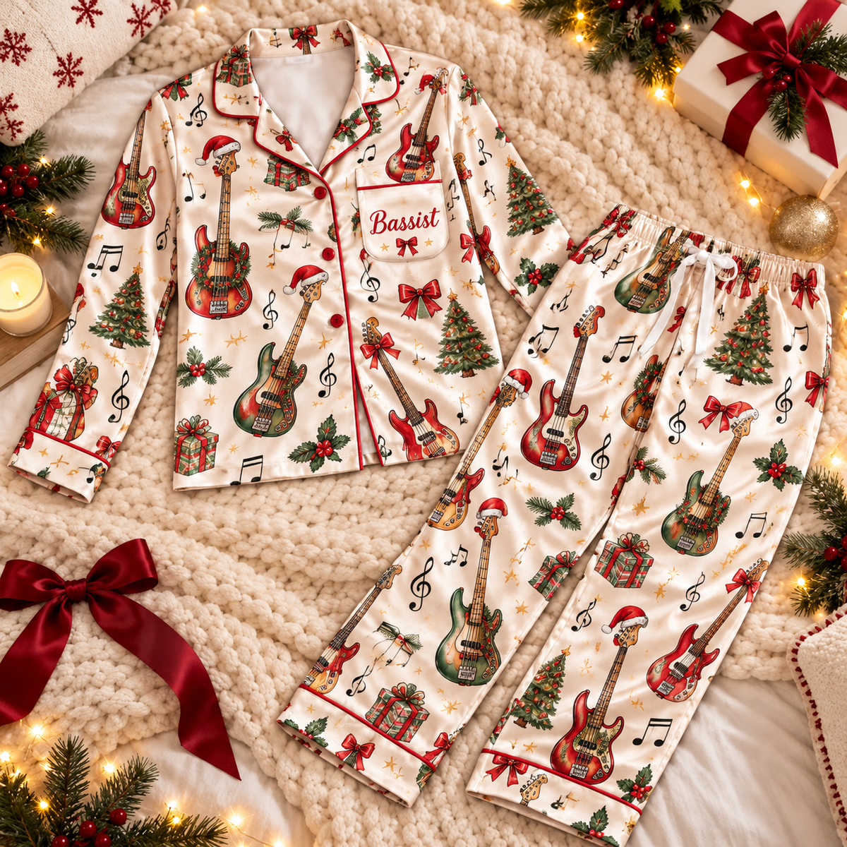 Bassist Christmas Satin Pajama Set, HG AI Christmas PJs Sets, Christmas Pajamas, Holiday Pajama Set, Family Long Sleeve