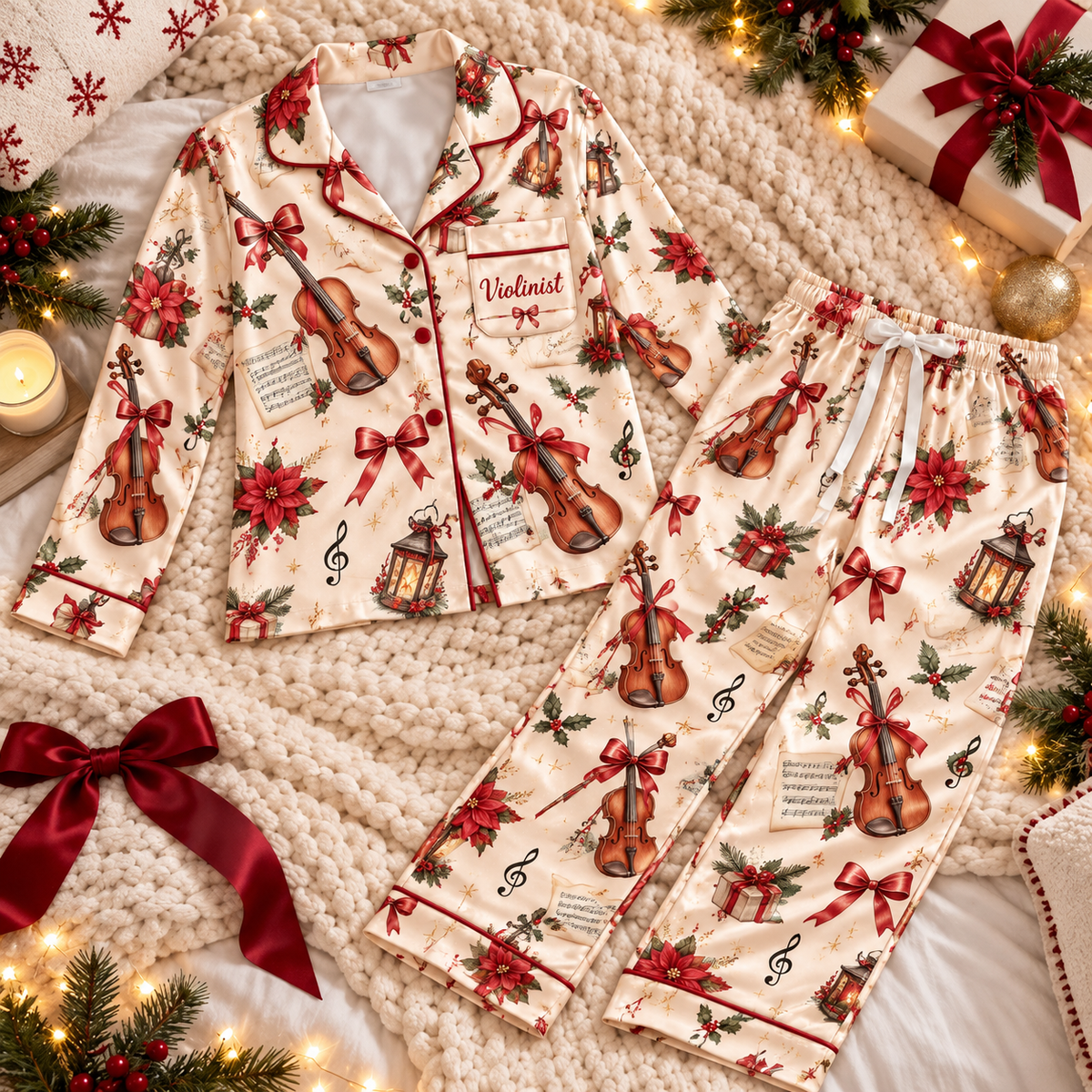 Violinist Christmas Satin Pajama Set, HG AI Christmas PJs Sets, Christmas Pajamas, Holiday Pajama Set, Family Long