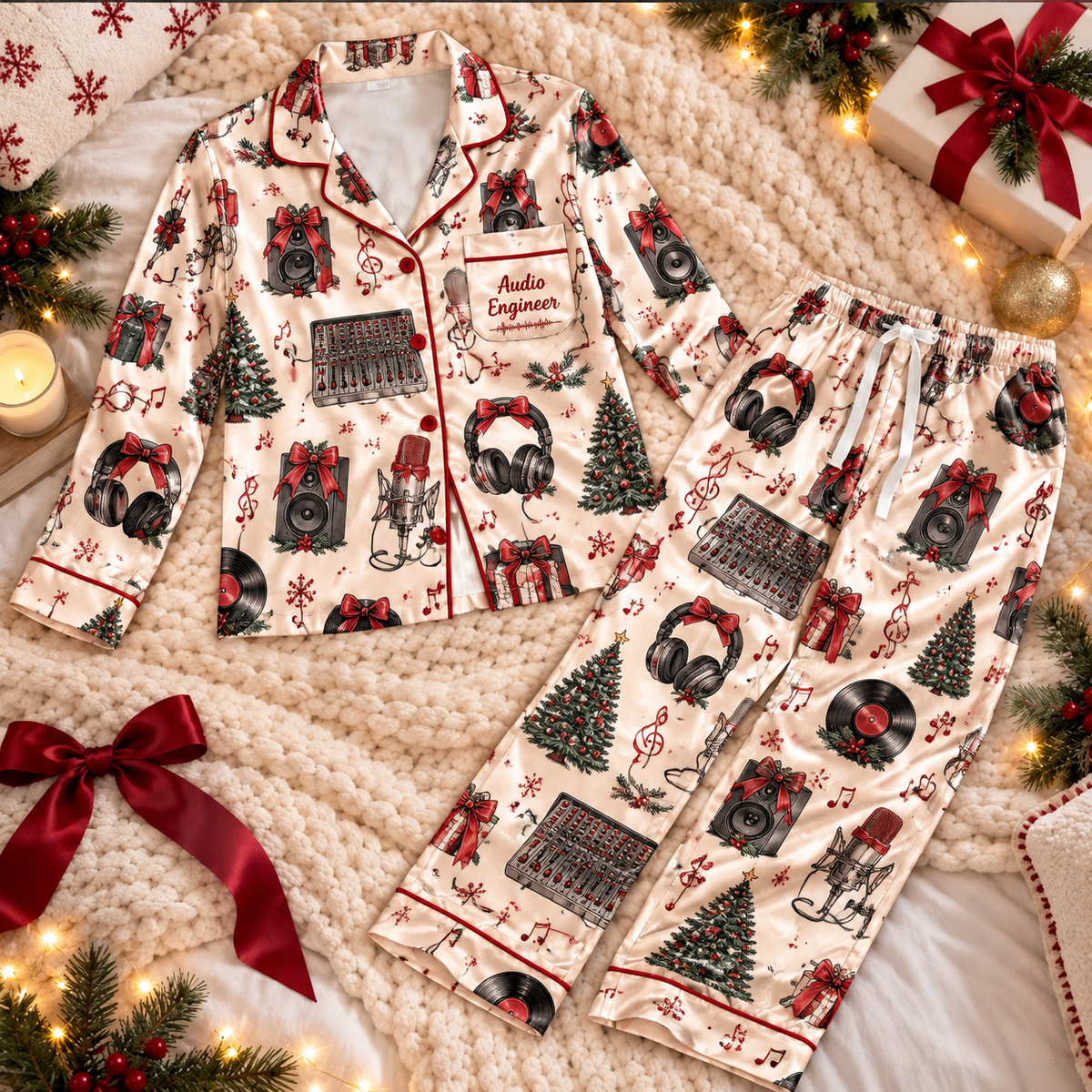 Audio Engineer Christmas Satin Pajama Set, HG AI Christmas PJs Sets, Christmas Pajamas, Holiday Pajama Set, Family Long