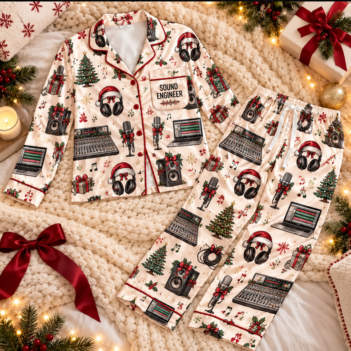 Sound Engineer Christmas Satin Pajama Set, HG AI Christmas PJs Sets, Christmas Pajamas, Holiday Pajama Set, Family Long