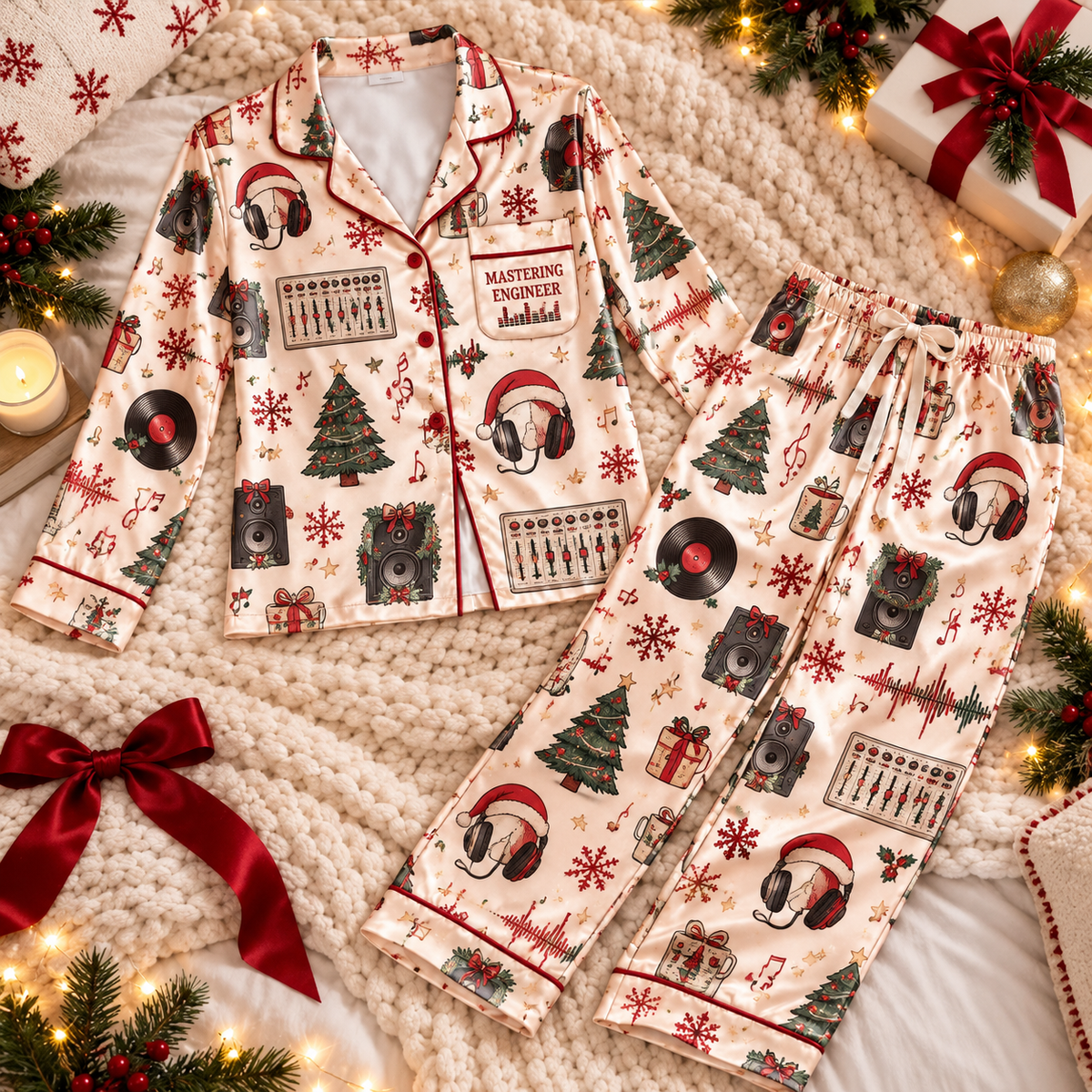 Mastering Engineer Christmas Satin Pajama Set, HG AI Christmas PJs Sets, Christmas Pajamas, Holiday Pajama Set, Family