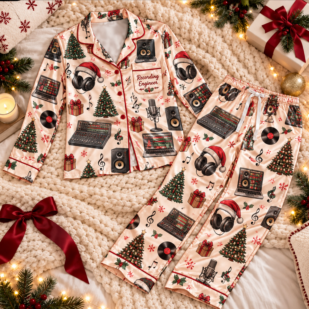 Recording Engineer Christmas Satin Pajama Set, HG AI Christmas PJs Sets, Christmas Pajamas, Holiday Pajama Set, Family