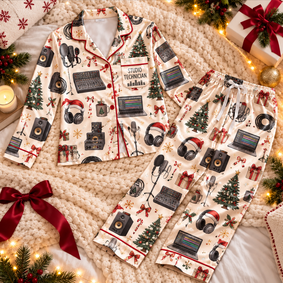 Studio Technician Christmas Satin Pajama Set, HG AI Christmas PJs Sets, Christmas Pajamas, Holiday Pajama Set, Family