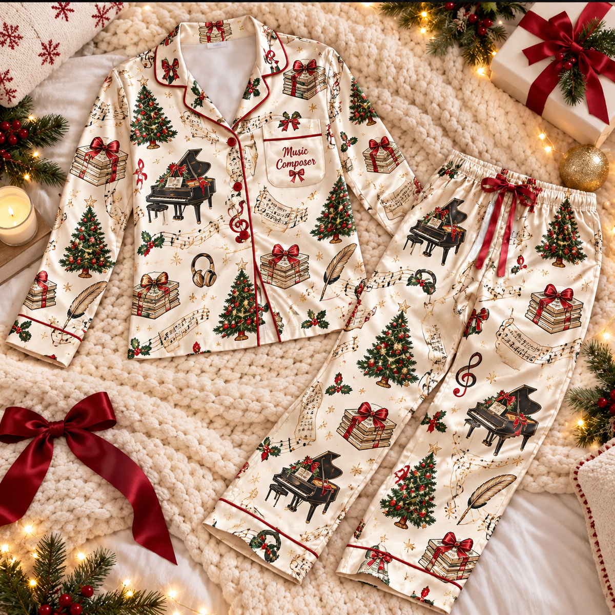 Music Composer Christmas Satin Pajama Set, HG AI Christmas PJs Sets, Christmas Pajamas, Holiday Pajama Set, Family Long