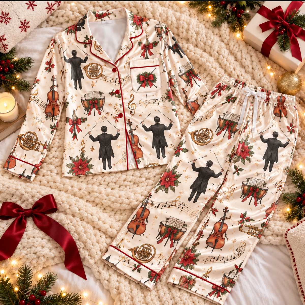 Orchestra Conductor Christmas Satin Pajama Set, HG AI Christmas PJs Sets, Christmas Pajamas, Holiday Pajama Set, Family