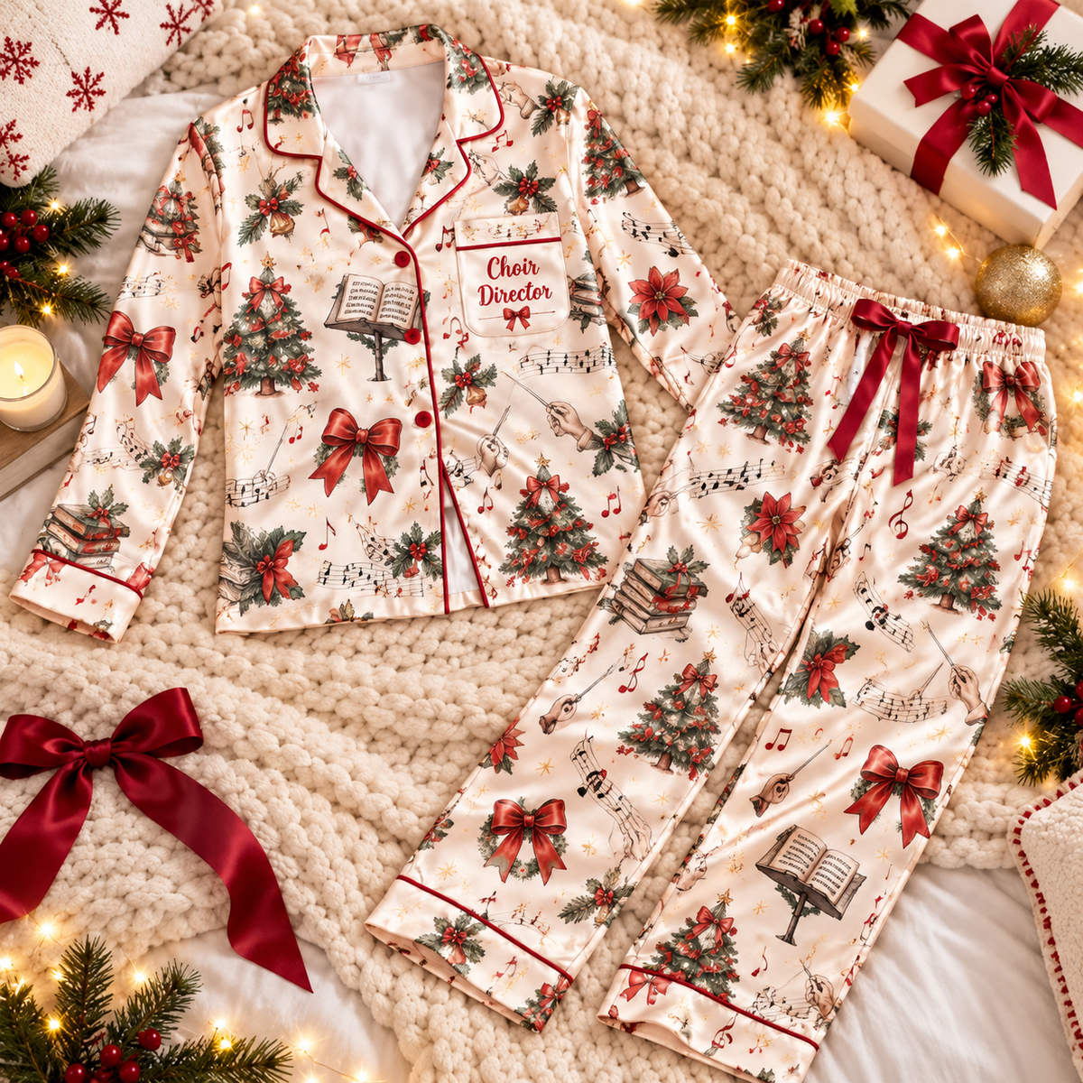 Choir Director Christmas Satin Pajama Set, HG AI Christmas PJs Sets, Christmas Pajamas, Holiday Pajama Set, Family Long