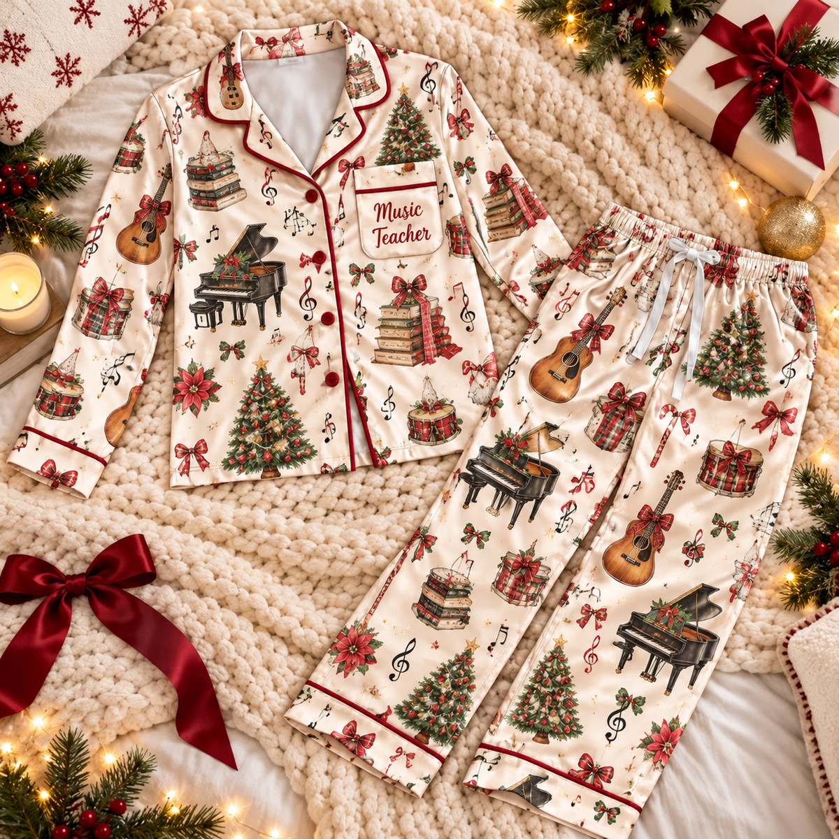 Music Teacher Christmas Satin Pajama Set, HG AI Christmas PJs Sets, Christmas Pajamas, Holiday Pajama Set, Family Long