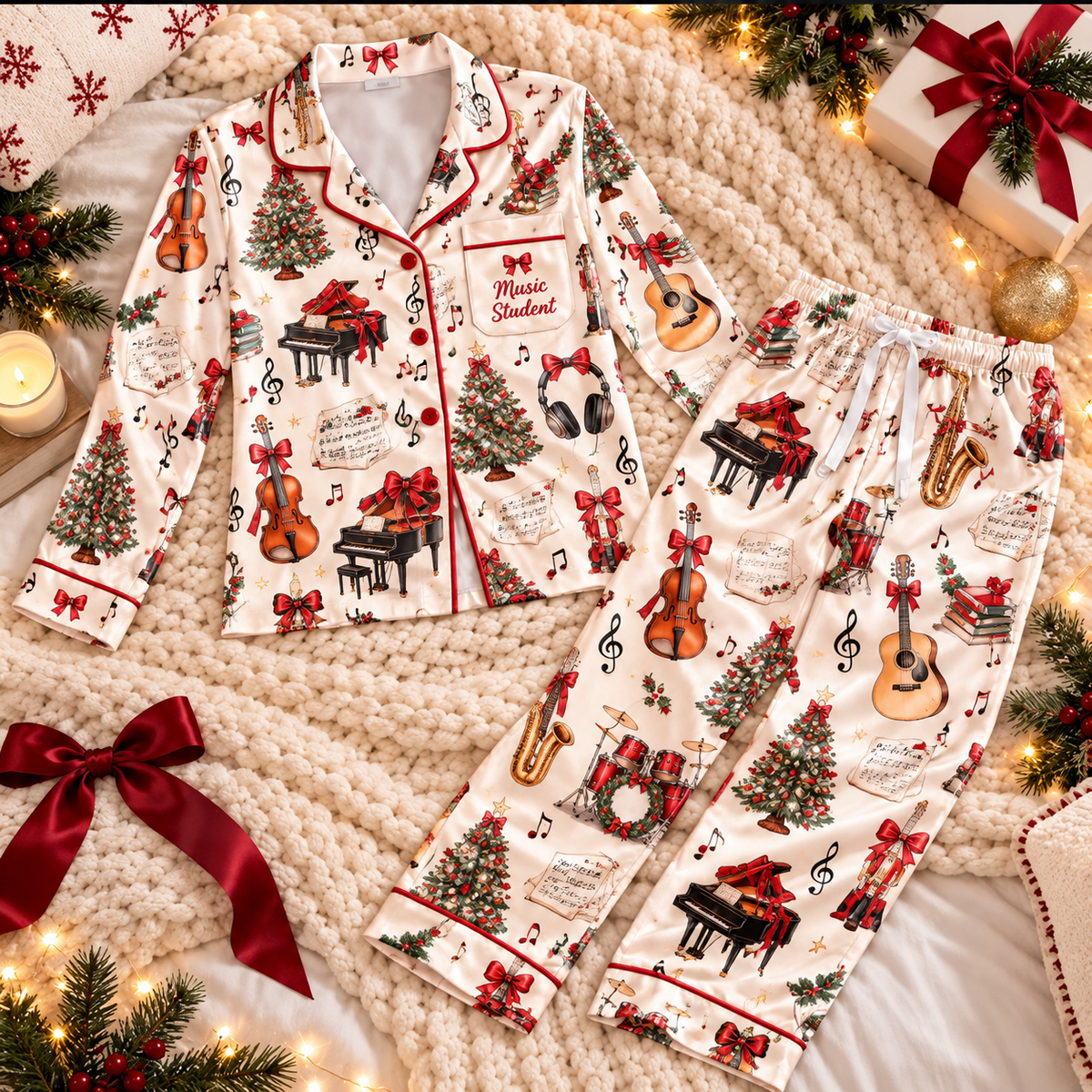 Music Student Christmas Satin Pajama Set, HG AI Christmas PJs Sets, Christmas Pajamas, Holiday Pajama Set, Family Long
