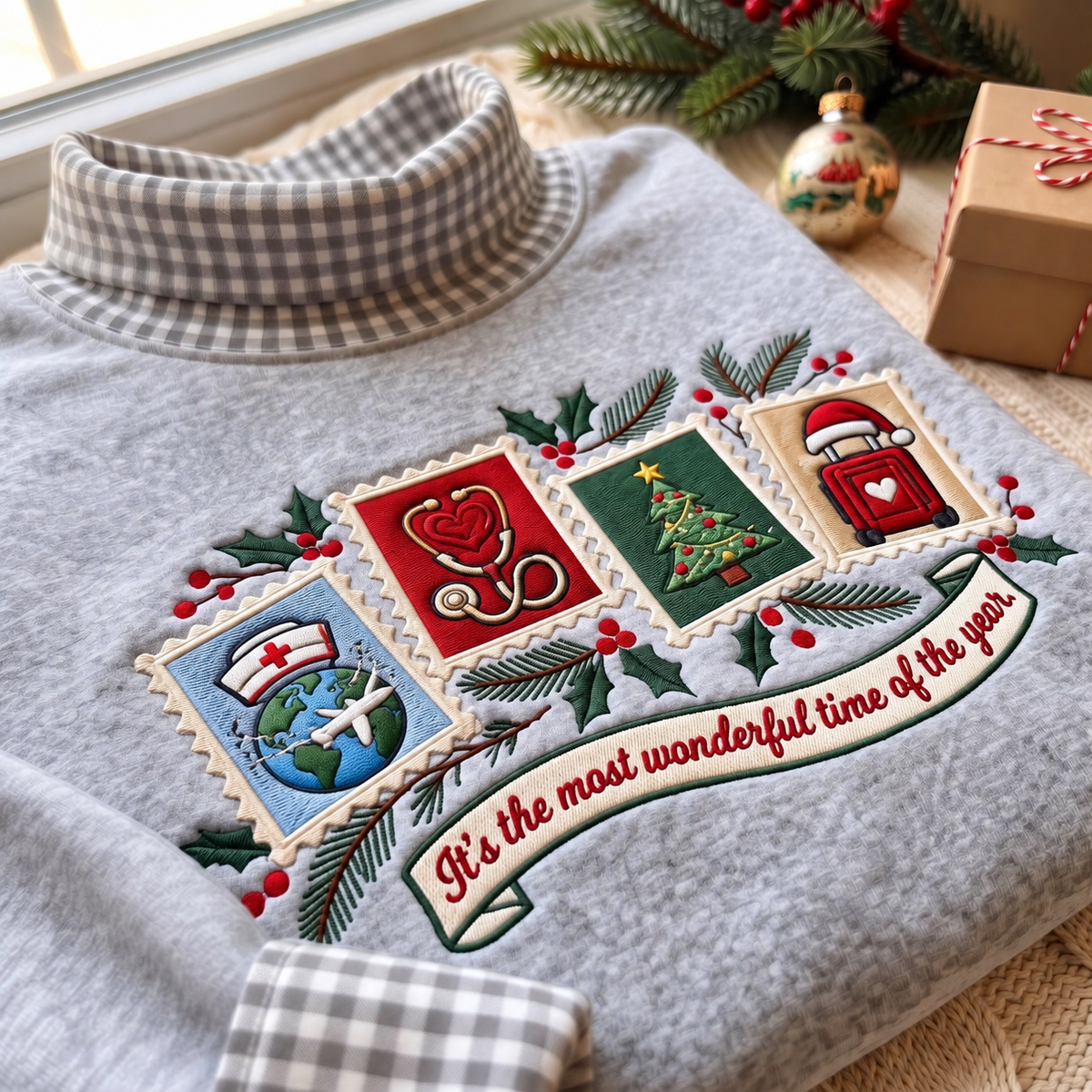 Travel Nurse It's The Most Wonderful Time Of The Year HG AI Gingham Mock Neck Sweatshirt, Embroidered Christmas Stam