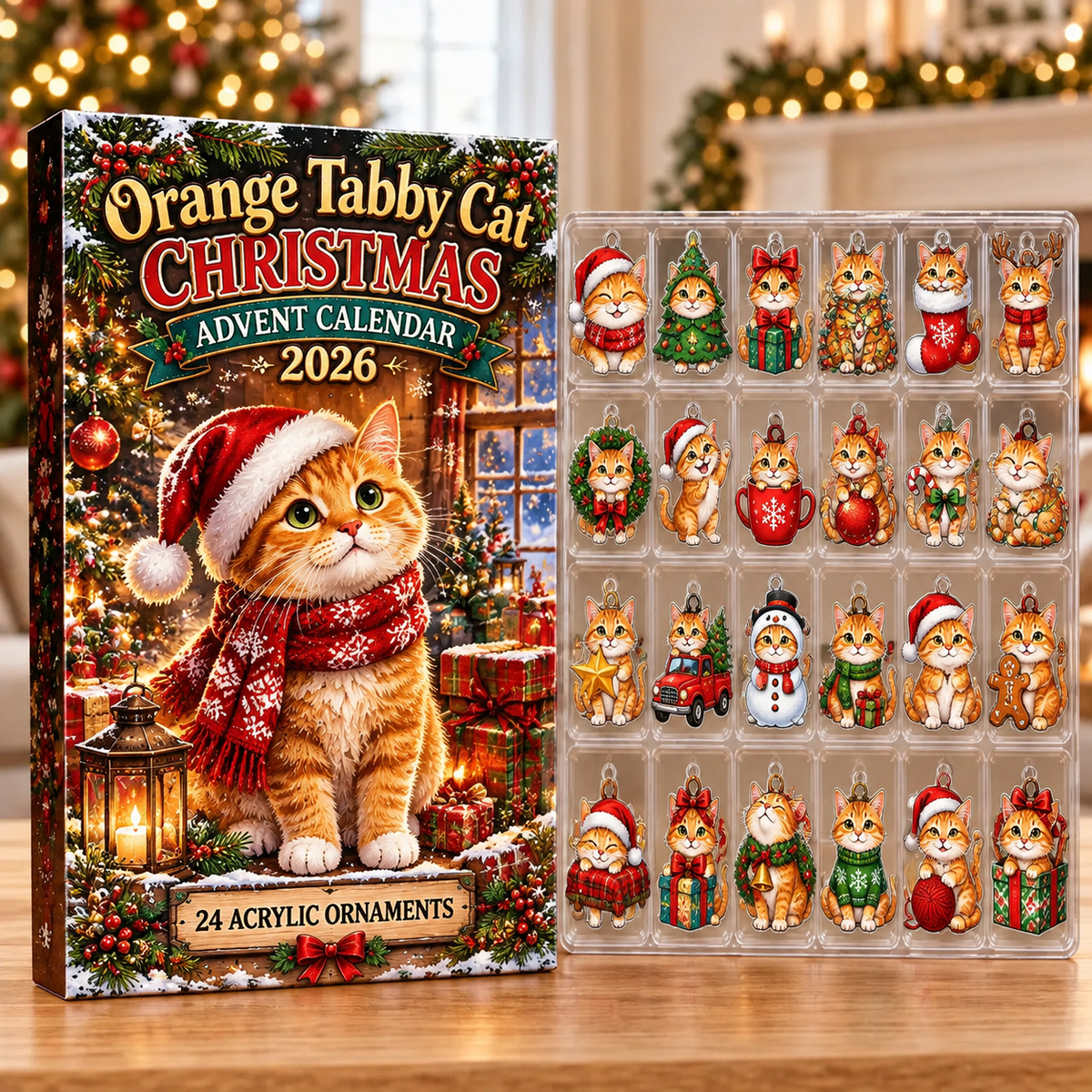 Orange Tabby Cat Evergreen Advent Calendar HFN Gen Acrylic Ornaments
