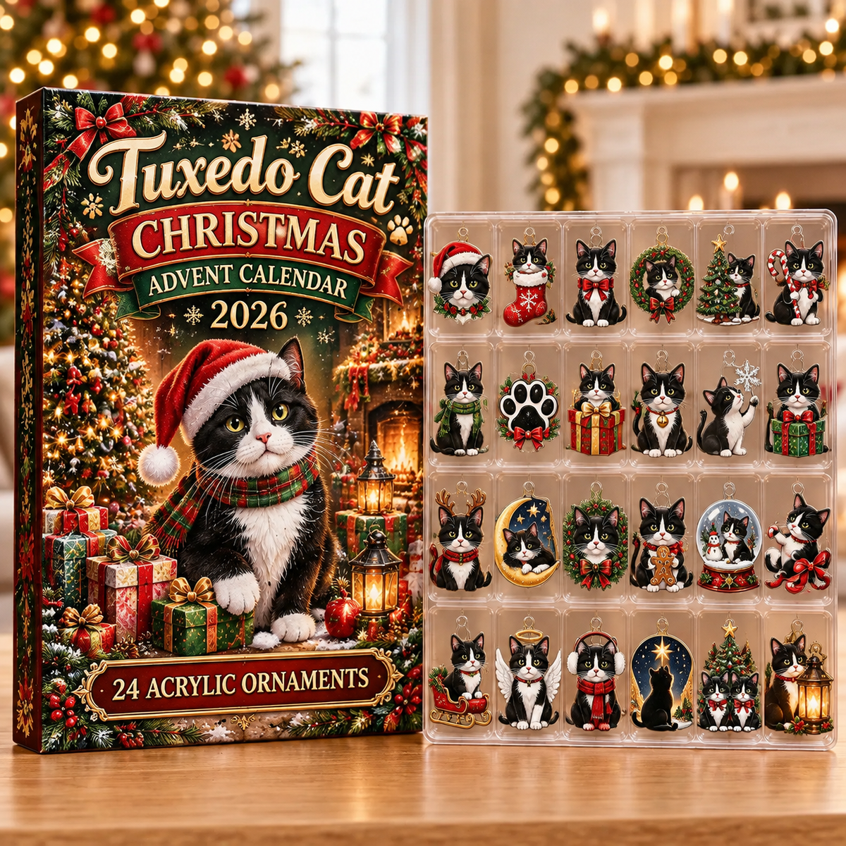 Tuxedo Cat Evergreen Advent Calendar HFN Gen Acrylic Ornaments