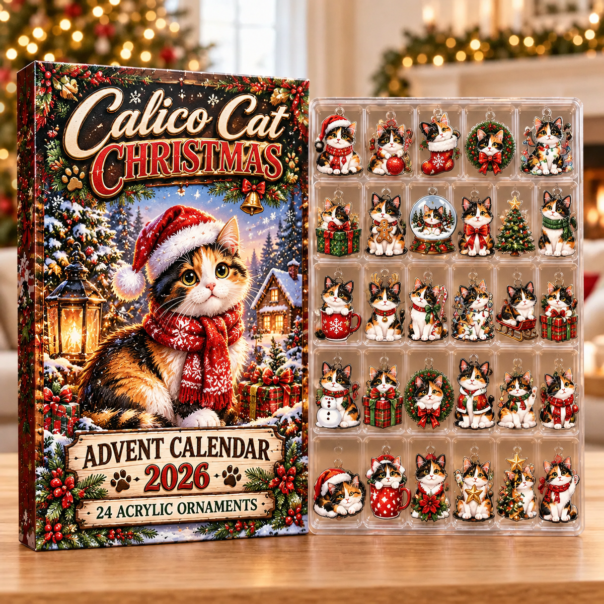 Calico Cat Evergreen Advent Calendar HFN Gen Acrylic Ornaments