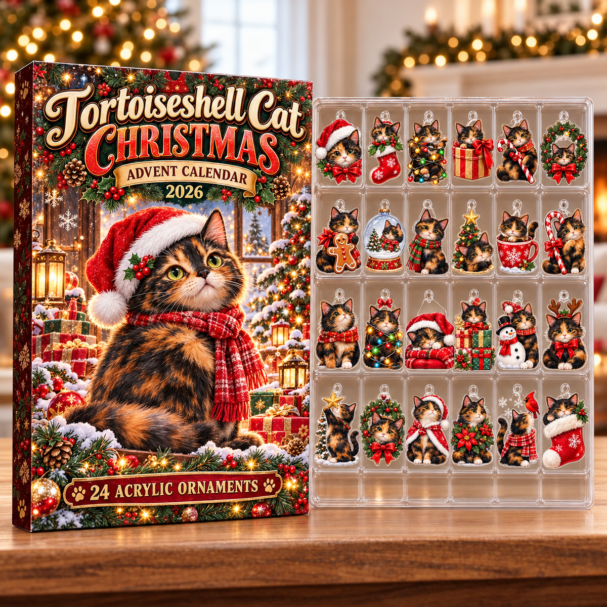 Tortoiseshell Cat Evergreen Advent Calendar HFN Gen Acrylic Ornaments