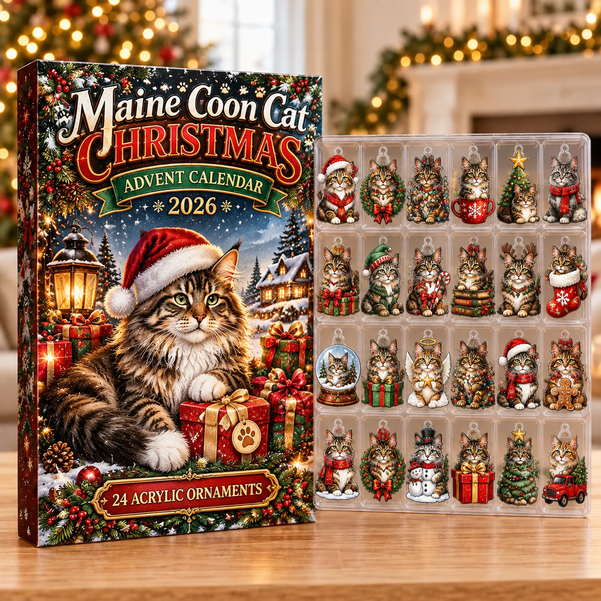 Maine Coon Cat Evergreen Advent Calendar HFN Gen Acrylic Ornaments