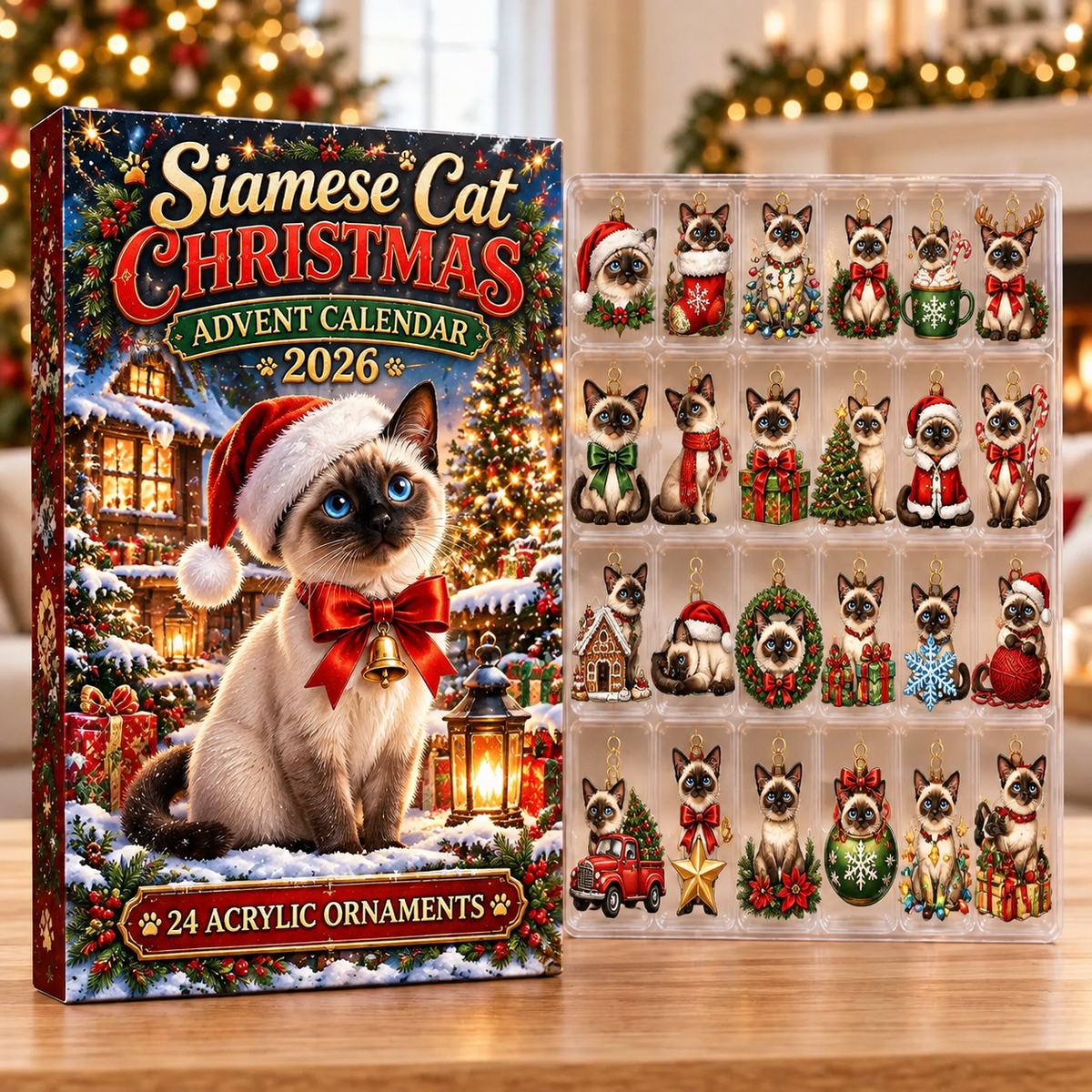 Siamese Cat Evergreen Advent Calendar HFN Gen Acrylic Ornaments
