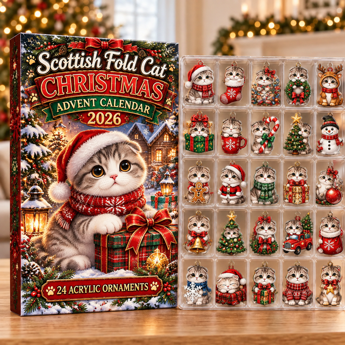 Scottish Fold Cat Evergreen Advent Calendar HFN Gen Acrylic Ornaments