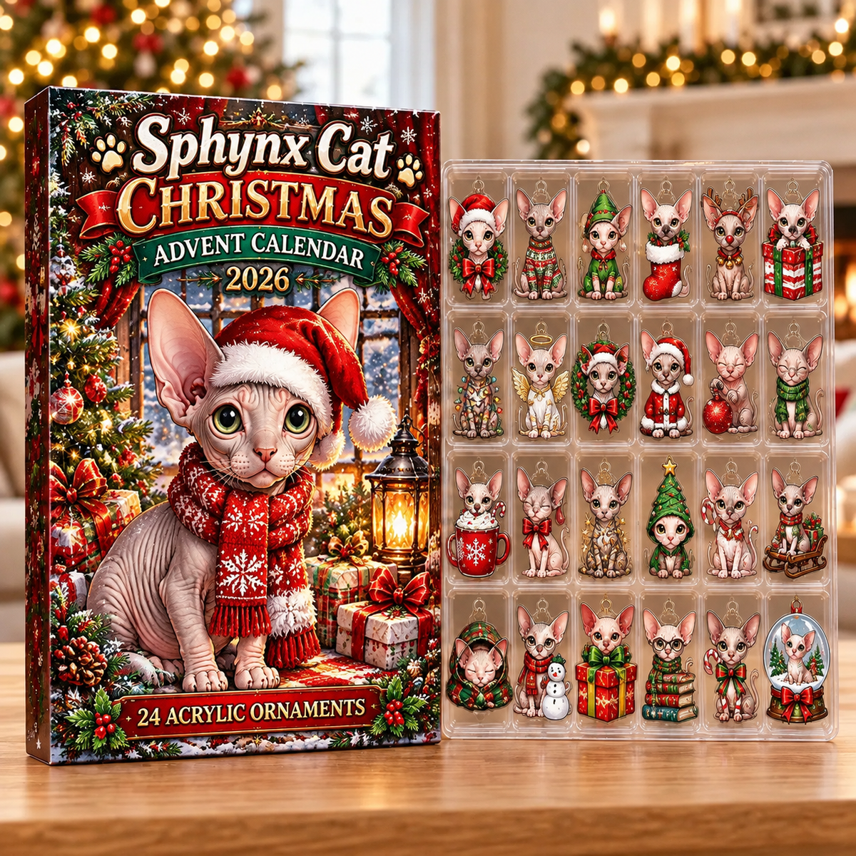 Sphynx Cat Evergreen Advent Calendar HFN Gen Acrylic Ornaments