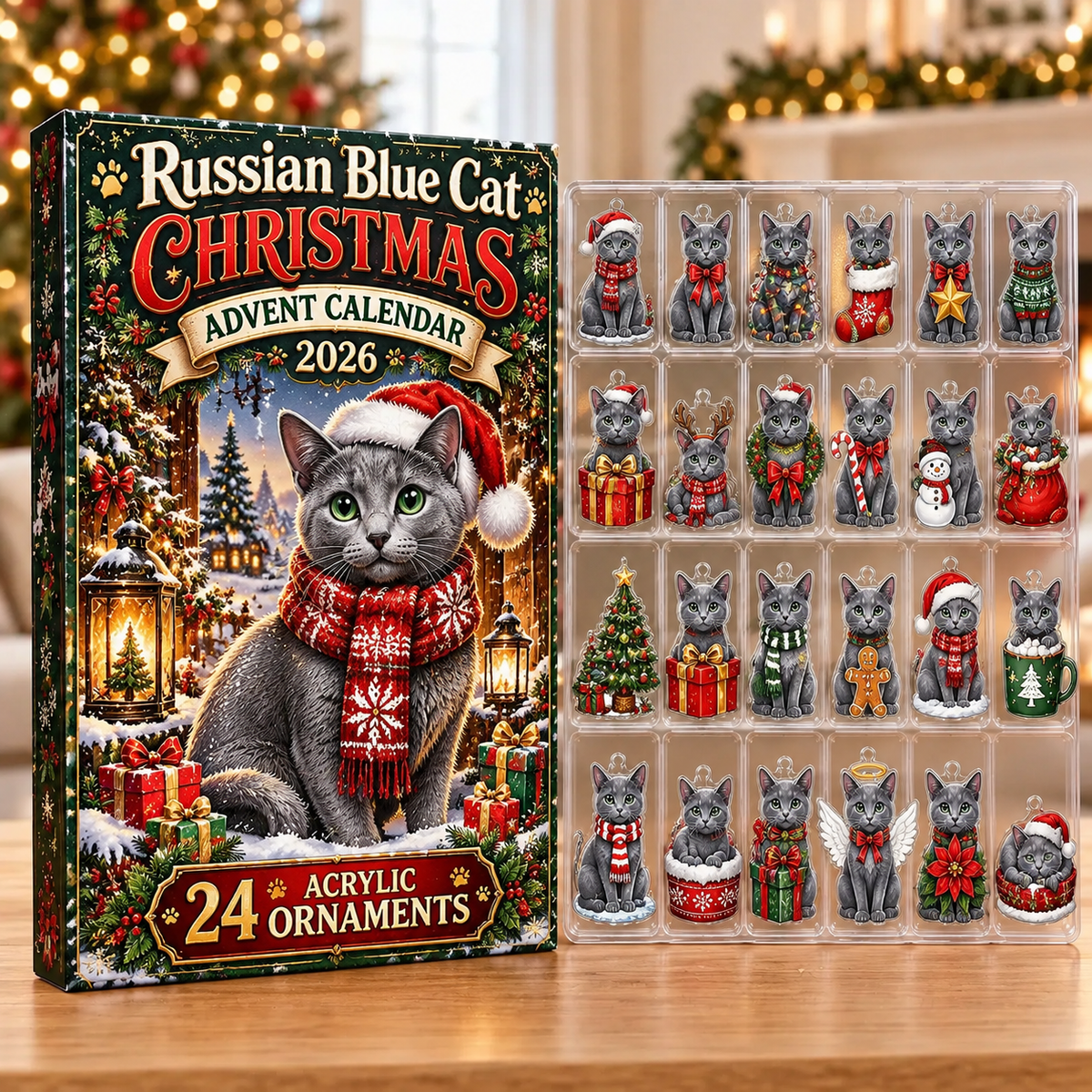 Russian Blue Cat Evergreen Advent Calendar HFN Gen Acrylic Ornaments