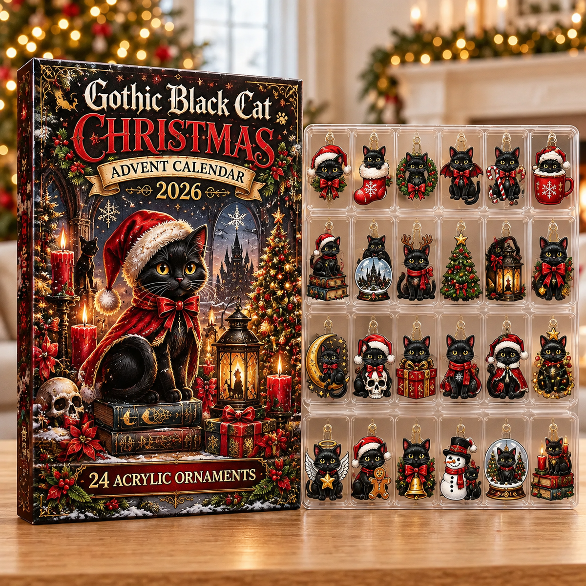 Gothic Black Cat Evergreen Advent Calendar HFN Gen Acrylic Ornaments