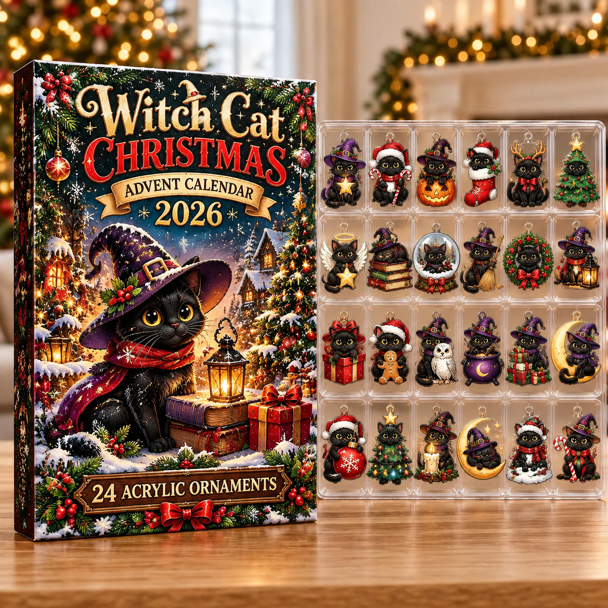 Witch Cat Evergreen Advent Calendar HFN Gen Acrylic Ornaments