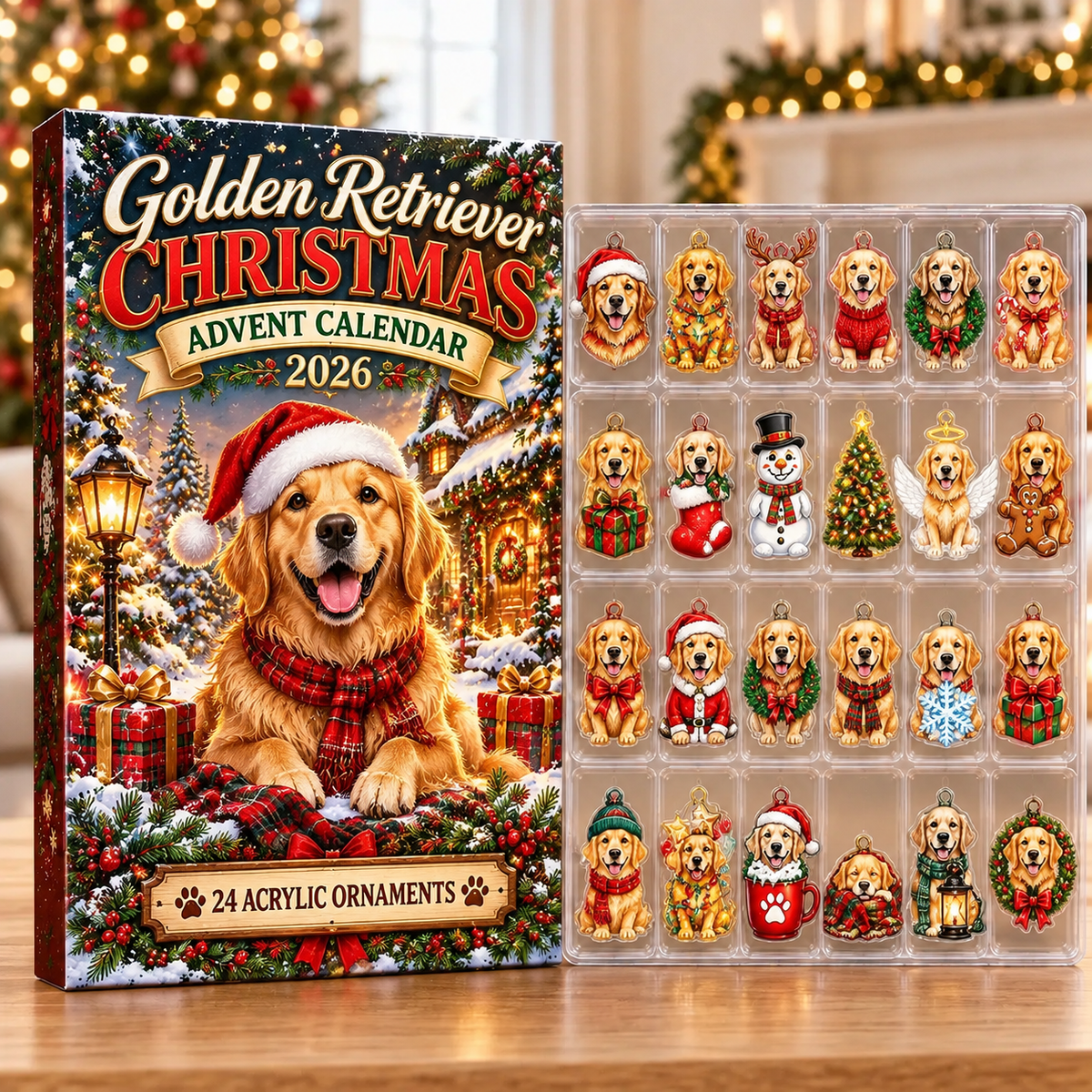 Golden Retriever Evergreen Advent Calendar HFN Gen Acrylic Ornaments, Christmas Tree Hanging Decor