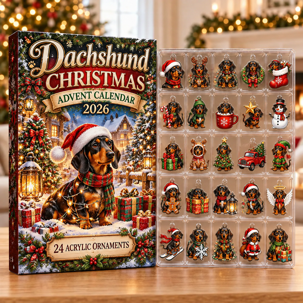 Dachshund Evergreen Advent Calendar HFN Gen Acrylic Ornaments, Christmas Tree Hanging Decor