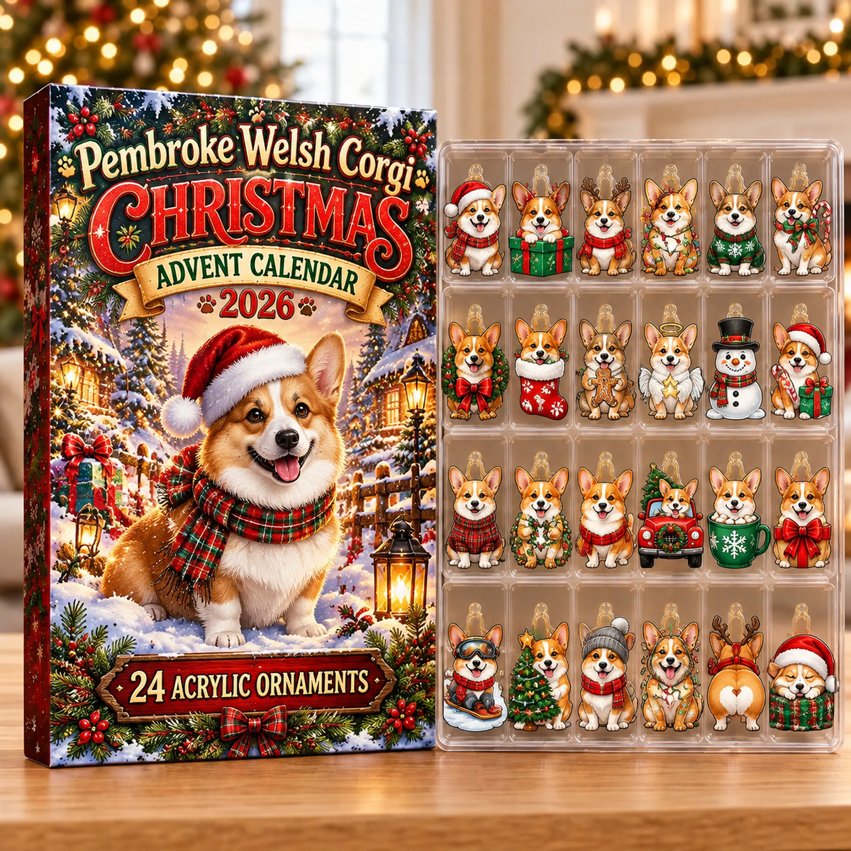 Pembroke Welsh Corgi Evergreen Advent Calendar HFN Gen Acrylic Ornaments, Christmas Tree Hanging Decor